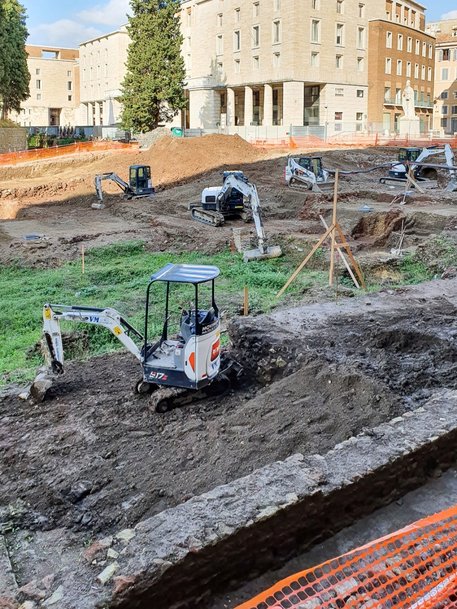 A Team of Five Bobcat Machines at Work on Archaeological Excavations at the Mausoleum of Augustus in Rome